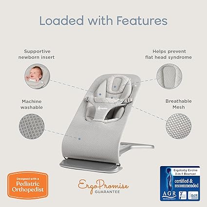 Ergobaby Evolve 3-in-1 Bouncer, Adjustable Multi Position Baby Bouncer Seat, Fits Newborn to Toddler, Light Grey