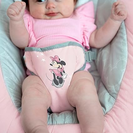Bright Starts Disney Baby Minnie Mouse Comfy Baby Bouncer Soothing Vibrations Infant Seat - Music, Removable -Toy Bar, 0-6 Months Up to 20 lbs (Rosy Skies)