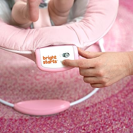 Bright Starts Disney Baby Minnie Mouse Comfy Baby Bouncer Soothing Vibrations Infant Seat - Music, Removable -Toy Bar, 0-6 Months Up to 20 lbs (Rosy Skies)