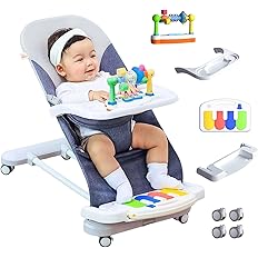 CuddoBaby Baby Bouncer 4-in-1 with Wheels, Detachable Piano, Feeding Tray, Play Bar, Thick Base. 3-Level Incline Portable Seat for Infant to Toddler 0-6, 0-12, 12-24 Months, Upto 29Lbs - Blue
