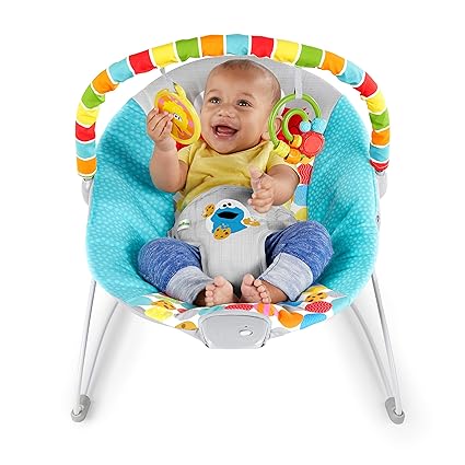 Bright Starts Sesame Street Baby Bouncer Soothing Vibrations Infant Seat - I Spot Elmo! with Cookie Monster and Big Bird - Removable-Toy Bar, 0-6 Months Up to 20 lbs