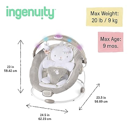 Ingenuity InLighten Baby Bouncer Infant Seat with Light Up -Toy Bar, Vibrations, Tummy Time Pillow & Sounds, 0-6 Months Up to 20 lbs (Twinkle Tails Bunny)